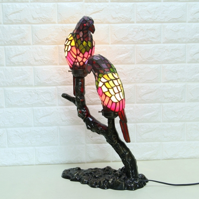 2 Head Parrot Table Light Tiffany Rustic Stained Glass Resin Night Light for Kid Bedroom