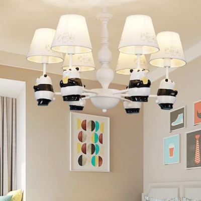 Animal Bear Ceiling Pendant Six Lights Resin Chandelier with Tapered Shade in White for Nursing Room