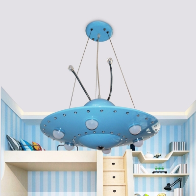 Boys Girls Bedroom UFO Pendant Light Metal 6 Lights Long Life Blue Pendant Lamp with Antenna