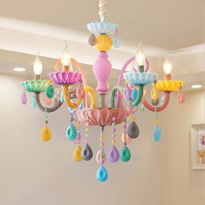 Candle Kindergarten Pendant Light Resin 5/6 Heads Macaron Style Multi-Colr Chandelier with Crystal