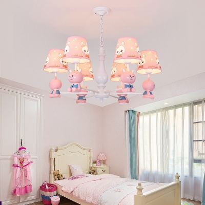 Cartoon Bunny Suspension Light Resin 3/5/6 Lights Pink Chandelier with Fabric Shade for Girls Bedroom