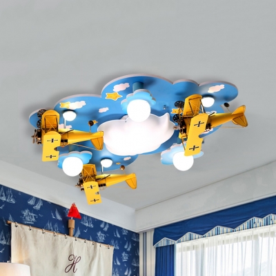 Cartoon Kids Cloud Ceiling Mount Light with Gilder Wood LED Flush Light in Blue for Boys Girls Bedroom