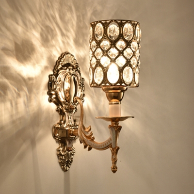 Cylinder Shape Carved Wall Lamp Luxurious Metal Sconce Light with Crystal Deco for Hotel Cafe