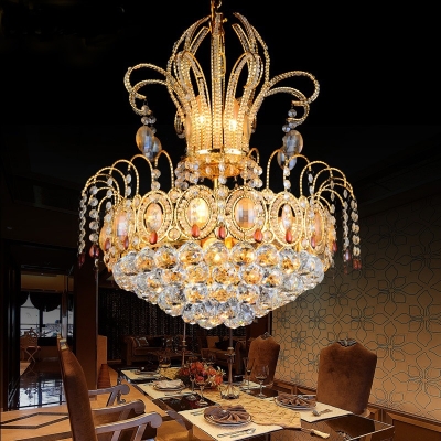 European Style Crown Chandelier Metal Gold Pendant Light with Eye-Catching Crystal for Hotel