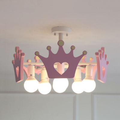 Girls Bedroom Open Bulb Suspension Light Resin 6 Lights Lovely Pink Chandelier with Crown
