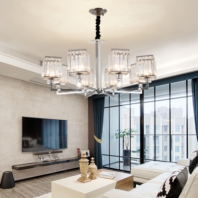 Glittering Crystal Cube Chandelier 6/8 Bulbs Postmodern Hanging Light in Chrome for Living Room