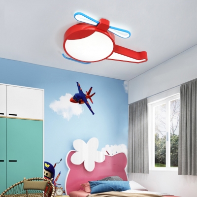 Helicopter Child Bedroom Ceiling Fixture Metal Cartoon Black/Red Flushmount Light in Warm/White/Stepless Dimming