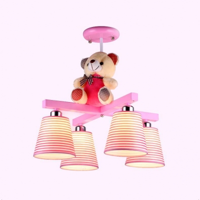 Kids Toy Bear Chandelier with Tapered Shade 4 Lights Fabric Pendant Light in Blue/Pink for Boys Girls Bedroom
