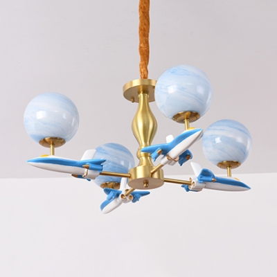 Kindergarten Airplane Chandelier Metal 4 Lights Modern Style Blue/White Pendant Light with Globe Shade
