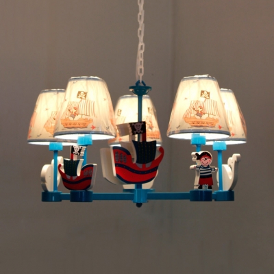 Kindergarten Ship Hanging Light Wood 5 Lights Nautical Style Blue Chandelier with Pirate