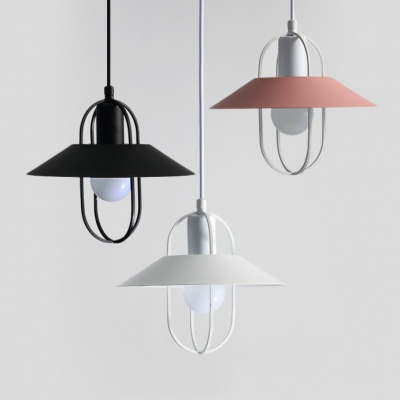 Metal Cage Saucer Drop Light Modern Simple 1 Light Hanging Pendant in Black/Pink/White