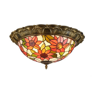 Stained Glass Bowl Flush Mount Light Living Room Tiffany Style Sunflower/Victorian Ceiling Light
