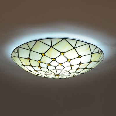 Study Room Bowl Ceiling Lamp with Bead/Lotus Stained Glass Tiffany Rustic Flush Mount Light