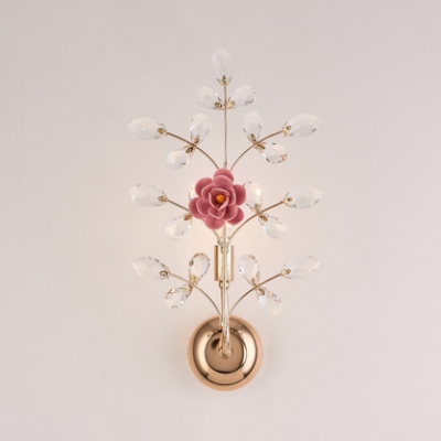 Twig Study Room Sconce Light with Blossom & Crystal Metal 1 Light Elegant Wall Lamp in Green/Pink/White