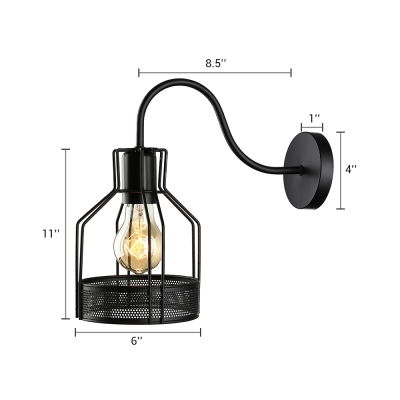 Industrial Vintage Wall Sconce Gooseneck Fixture Arm with Lantern Style Metal Cage in Black