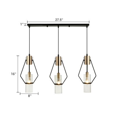 Geometric Frame Suspension Light with Tube Clear Glass Shade Minimalist Triple Lights Chandelier