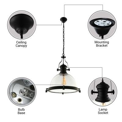 Industrial Ceiling Pendant Light with 15.75''W Bowl Glass Shade, Black ...