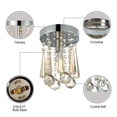 Dazzling Flush Mount Light Fixture with Gleaming Chrome Finish Stainless Steel Base and Beautiful Faceted Crystal Beads
