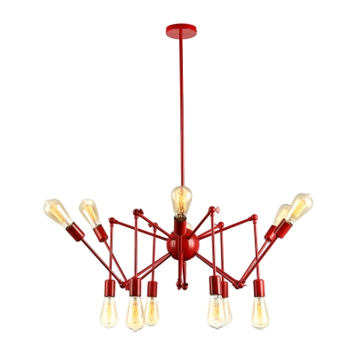 Industrial 12-Light Chandelier with  Fixture Arm, Red