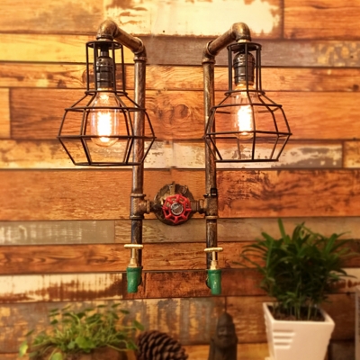 Industrial Vintage Wall Sconce with Metal Cage Frame in Black, Tap and Valve Decoration