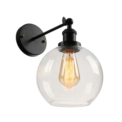 Industrial Wall Sconce with Globe Glass Shade, Black