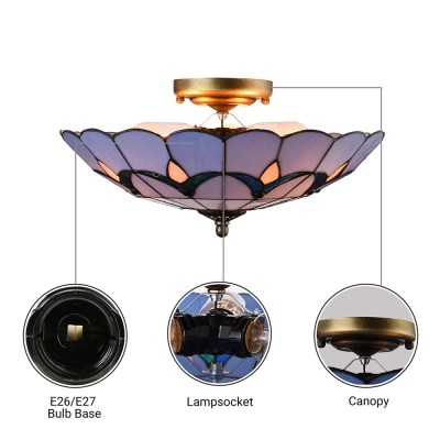 Tulip Pattern Tiffany Flush Mount Ceiling Fixture with Stained Glass Shade in Blue, 16