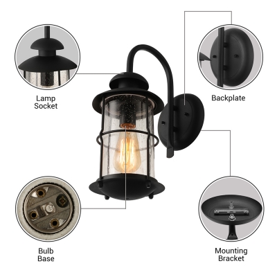 Industrial Wall Light with Cylinder Glass Shade in Black Finish