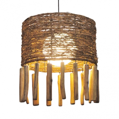 Glass Globe Hanging Light with Hand Knitted Drum Shade 1/2 Light Asian Ceiling Pendant in Brown