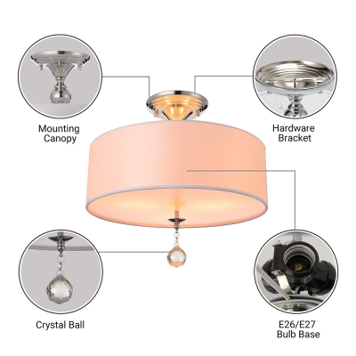 Grand White Fabric Drum Shade Semi Flush Ceiling Lights Adorned with Polished Chrome Finish Iron Base and Clear  Crystal Ball
