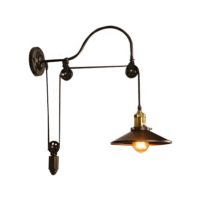 Arched Wall Mounted Light Retro Style Metal 1 Light Pulley Wall Sconce Lighting in Black for Restaurant