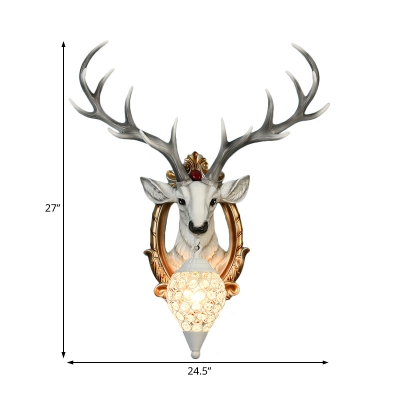 Clear Crystal Water Drop Wall Lamp with Resin Stag Head 1-Light Rustic Wall Sconce