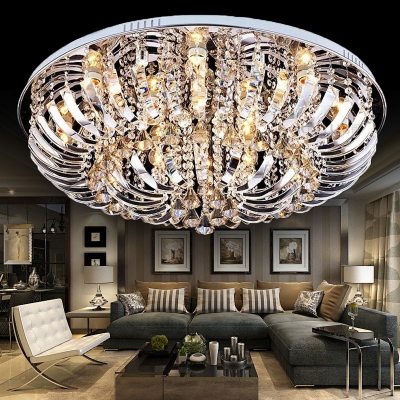 Curved Crystal Fringe Ceiling Light for Living Room, Contemporary Creative Round Ceiling Lights in Chrome for Living Room