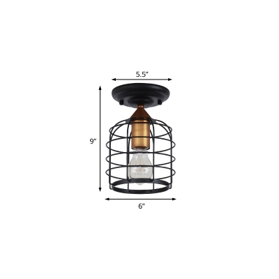 Cylinder Semi-Flush Mount Retro Style Metal 1 Bulb Caged Semi Flush Mount Light for Hallway