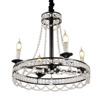 French Country Candle Pendant Chandelier Crystal Beaded Ceiling Pendant in Black for Kitchen Dining