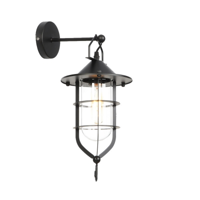 Nautical Caged Wall Sconce Lamp Iron Wall Light Fixture with Clear Glass Shade for Foyer