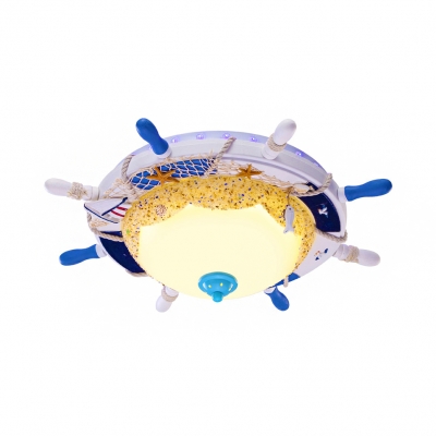 Nautical Round Rudder Ceiling Lamp with Sand Decoration LED Opal Glass Shade Flushmount