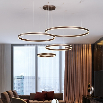 Simple Multi Ring Chandelier Lamp Energy Saving Led Hanging Pendant Light in Brown