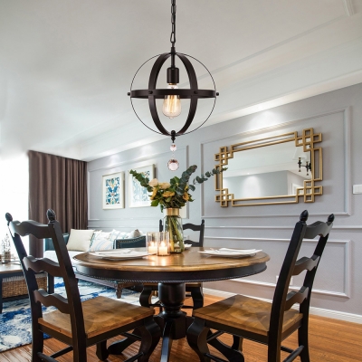 Sphere Hanging Light Fixtures for Dining Room, Vintage Iron 1 Light Pendant Lights with Crystal in Black