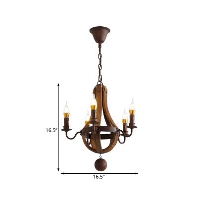 Wood and Metal Candle Pendant Light Rustic 5 Lights Chandelier Lighting in Rust Finish