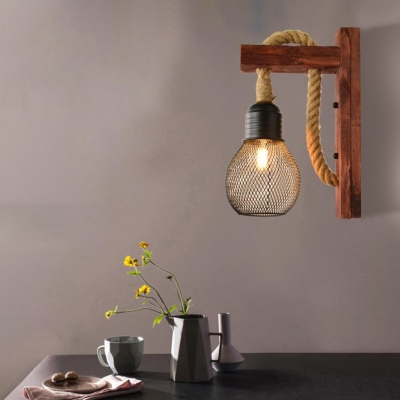 Woven Rope Wall Mounted Light Rustic 1 Light Wood Wall Sconce Lighting for Restaurant and Bar