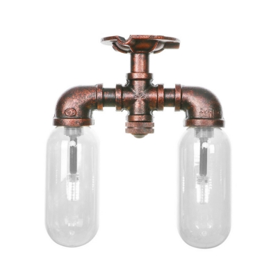 2-Light Pipe Semi Flush Mount Antique Iron and Glass Semi Flush Ceiling Lights for Bedroom Living Room