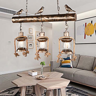 3-Light Island Pendant Lights Metal Caged Ceiling Light Fixtures with Bird Decoration over Kitchen Island