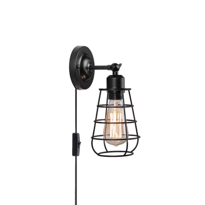 Antique Cage Sconce Light Fixture Iron 1 Head Plug in Sconce Lamp in Black for Bedroom Bedside