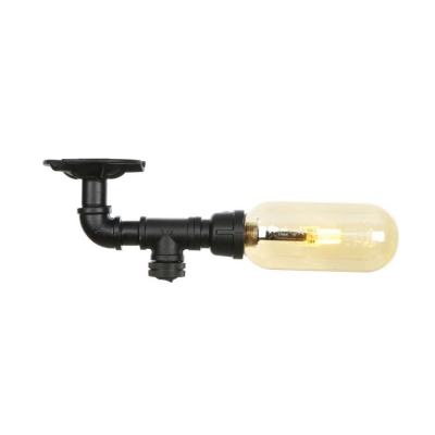 Black Semi Flush Mount Lighting Retro Style Iron 1 Light Semi Flush Light Fixtures with Amber Glass Shade