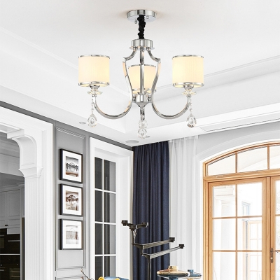 Chrome Curved Arm Chandelier Lamp with Cylinder White Glass Shade 3-Light Modern Hanging Light