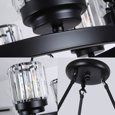 Cylinder Pendant Chandelier Mid-Century Modern Crystal Fringe Pendant Lights in Black for Dining Room