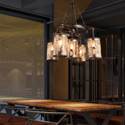 Cylindrical Hanging Pendant Lights Classic Steel 7 Heads Unique Hanging Chandelier Light for Coffee Shop