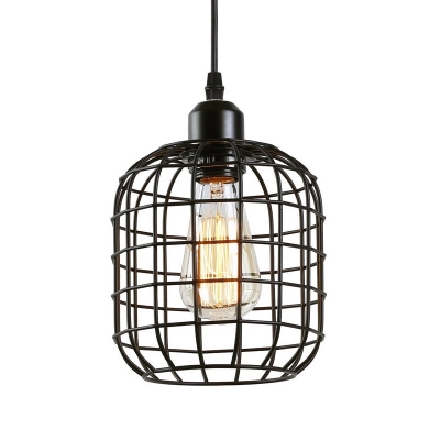Cylindrical Wire Cage Hanging Lamp Retro Style 1 Bulb Black Pendant Lighting for Bar