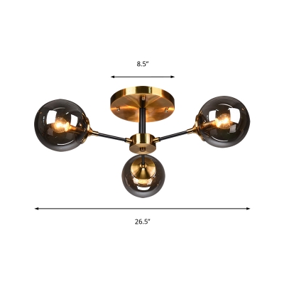 Glass Orb Semi Flush Light with Radial Design Mid Century Ceiling Light Fixture in Brass