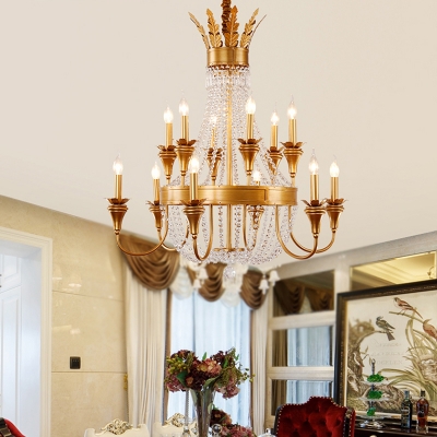 Gold Empire Chandelier Lighting with Candle and Crystal Beads Traditional Vintage Foyer Pendant Light